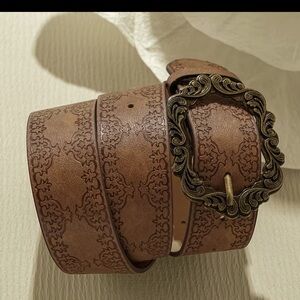 Brown Embossed faux Leather Belt with Ornate Buckle